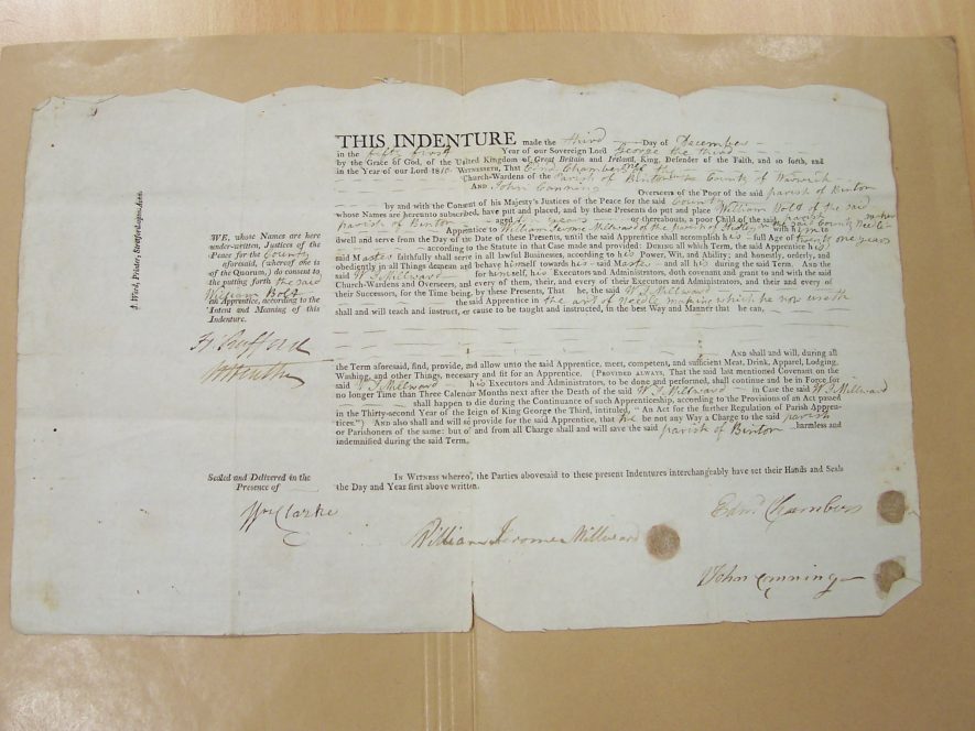 Apprenticeship Indenture of the 3rd December 1810 from the Parish of Binton. | Warwickshire County Record Office reference DR199/63/1