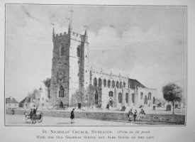 Lithograph of St Nicolas church, Nuneaton with the Old Grammar School and Alms House on the left | Originally published in 'A History of Nuneaton Grammar School'. Warwickshire County Record Office reference B.Nun.Nas