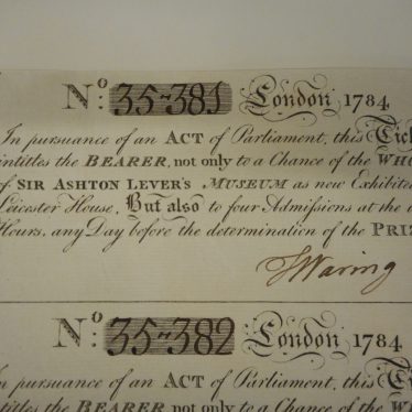 Signed by collection manager, Thomas Waring, the tickets not only offered the chance to win the museum, but also admission for four to its wonders. An example of one the tickets in close up. | Warwickshire County Record Office reference CR2017/TP280/3