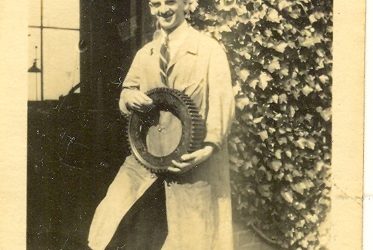 Wroxall. Leonard Bolton at Wroxhall Abbey Holding Gear Wheel
