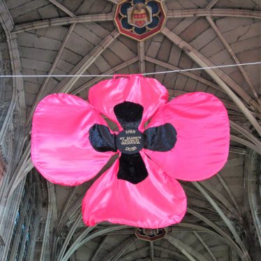 Huge poppy and vaulted ceiling in St Mary's Warwick, 2018 | Image courtesy of Anne Langley