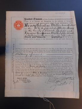 Marriage licence for Henry Valentine Mills, 1917. | Warwickshire County Record Office reference DR304/10/6