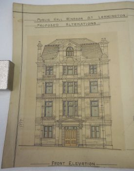 Discolouration around the plan of the Public Hall, Leamington, suggests it was once displayed in a frame. | Warwickshire County Record Office reference CR0634/9/10