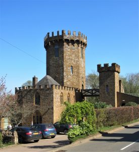 Castle Castle Inn Edge Hill, 2019Inn Edgehill, 2019. Ironstone 2-storey building with Gothick pointed windows and battlements; taller octagonal tower attached behind (with battlements and machicolations) and walkway to smaller entrance tower. Road, hedge and parked cars in front | Image courtesy of Anne Langley