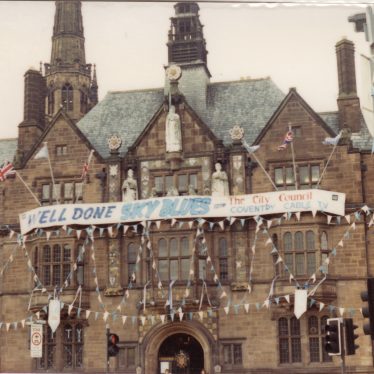 Coventry's Council House decked out in Sky Blue before the game, 1987. | Image courtesy of Caroline Sampson