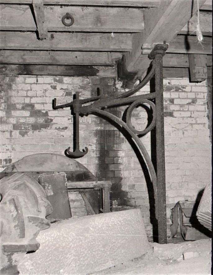 Mercote Mill, October 1970. First floor showing millstones and stone crane (for lifting the runner stone). | Image courtesy of June Booth