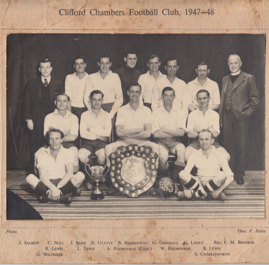 Clifford Chambers. Football Team 1947-48. This team used to play against German POWs at Ettington Park Hotel, where there were excellent changing facilities and a tea afterwards, unlike most venues when the changing facilities were behind a hedge! | Image courtesy of Derek Bull