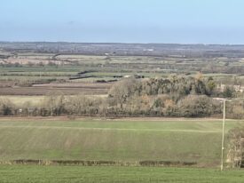 Lake Harrison’s shoreline? The pale stripe running across the hillside below Windmill Hill, Upper Tysoe, marks a linear feature in the landscape – a naturally steepened bank. Limestone debris and fossil oysters occur below a much weaker feature, running across fields below and to the right of this main ‘bench’. | Image courtesy of Jon Radley