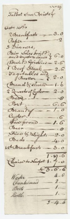 A meal at the Talbot Inn, Bristol, submitted as an expenses claim to the Warwick Estate 10/10/1815 | Warwickshire County Record Office reference CR1886/503/2 (viii)