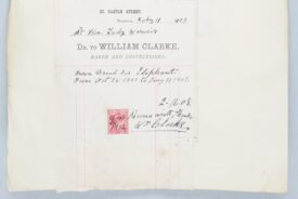 Invoice from William Clarke to Lady Warwick for brown bread for the elephant. The invoice states it is for Brown bread for Elephant from Oct 28 1901 to Jan 31 1902. A red one penny stamp is attached with a note payment has been received with thanks. | Warwickshire County Record Office reference CR1886/ 839.