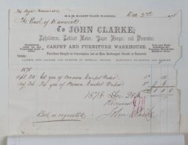 Invoice from John Clarke to the Earl of Warwick for brown carpet paper. The top of the invoice is printed with decorative script. It lists the services John Clarke offers. They include cabinet making, paper hanging and venetian blinds. | Warwickshire County Record Office reference CR1866/Box572