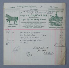 Invoice from James Currell to the Earl of Warwick. The top of the invoice is printed in green. It features line drawings of a horse wearing a winter coat and a lady riding a horse in a riding habit. The invoice items are handwritten and includes a new girth strap for a saddle. The invoice is dated Xmas 1925. | Warwickshire County Record Office reference CR1886/Box705/7