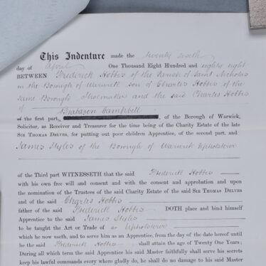 Indenture agreement between James Styles and Charles Hobbis for Frederick Hobbis apprenticeship as an upholsterer. Indenture agreement between James Styles and Charles Hobbis for Frederick Hobbis apprenticeship as an upholsterer. The document is mostly printed. The names and trade details are handwritten. | Warwickshire County Record Office reference CR1618/WA17/3/18