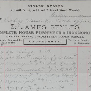 Invoice from James Styles to the Earl of Warwick. Invoice from James Styles to the Earl of Warwick for items such as hinges, broom handles and a towel roller. The invoice is printed on white paper with a printed header. The items are hand written. | Warwickshire County Record Office document reference CR1886/ B927.