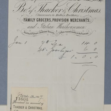 Invoice from Thacker and Christmas to the Earl of Warwick. The top of the invoice is printed saying Thacker and Christmas are family grocers, provision merchants and Italian warehousemen. | Warwickshire County Record Office reference CR1886/ Box927