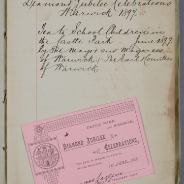 The front page of a lined notebook containing handwritten meeting notes made when organising the children's celebration party at Warwick Castle for Queen Victoria's Diamond Jubilee. Laying on the front page a printed ticket for Miss Liggins admitting her to the teacher's tea tent. Th is printed on pink card with an image of castle towers. Miss Liggin's name is handwritten. | Warwickshire County Record Office reference CR1886/ TN946