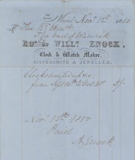 Invoice from William Enock to the Earl of Warwick for clock winding. The invoice is printed on light blue paper. The top of the invoice is printed. In decorative script it says William Enoch is a clock and watchmaker, silversmith and jeweller. William's last name is spelt E N O C K on the header but other records spell it E N O C H. The date of the invoice is handwritten in the top right hand corner, November 10th 1930. | Warwickshire County Record Office reference CR1886/801/36