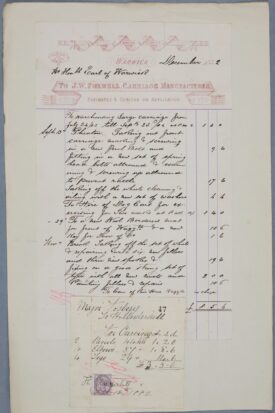 Invoice from James Foxwell to the Earl of Warwick. The top of the incoive is printed in red ink and has a design that uses thin banners that look like ribbons. Printed on the banner are the address of the business and the business name. The also printed is the text 'estimates and designs on application'. The work being inoived for is hand written in a cursive script. The hand writing is neat but it is still hard to read. The invoice details work carried out including 'taking out front carriage marking and screwing in a new perch bolt'. | Warwickshire County Record Office reference CR1886/Box 912