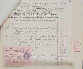 Invoice from Robert Spennell to the Warwick Castle Estate. The top of the invoice is printed and is dated November 1897. The items bought are handwritten in a cursive script. One of the items listed are timesheets for men employed at the castle. The bottom of the invoice is not included in this image. In the bottom left of the image there is a pink rectangle glued to the invoice stating that payment has been received with thanks. | Warwickshire County Record Office reference CR1886/Box972.