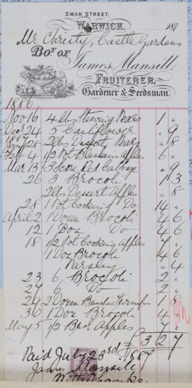 An invoice from James Mansell to Mr Christy of Castle Gardens. The invoice is on a tall rectangle of paper. The top is printed with decorative script, including a line drawing of fruit bowl. The bowl is over flowing with fruit, including a pineapple, grapes, pears and what looks like oranges. The items sold are handwritten and shows quantities too. Vegetables sold includes four pounds of stewing peas and broccoli several times. | Warwickshire County Record Office reference CR1887_Box 917