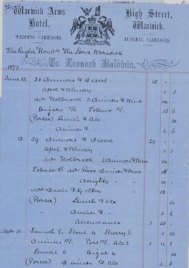 Invoice from Leonard Baldwin to the Earl of Warwick. The invoice is on blue paper. It is a long rectangular shape with a printed header. At the top centre is a line drawing of the Earl of Warwick's coat of arms. There are two swans, either side of a shield, with a crown above. Witten on a scroll below is a motto in Latin. The items been billed for are handwritten. | Warwickshire County Record Office reference CR1887/Box57