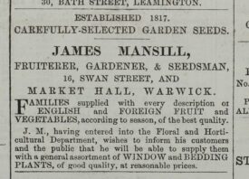 A small newspaper advert placed by James Mansell to inform his customers he is now able to supply them with a general assortment of window and bedding plants. The advert lists his places of business as 16 Swan Street and Market Hall, Warwick. | Warwick Advertiser 21st May 1881