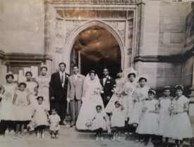 Wedding group for Bill and Vickie Steadman, 2nd September 1961. Black and white photo on the steps of Leamington All Saints Church, including bride, groom and 15 bridesmaids.